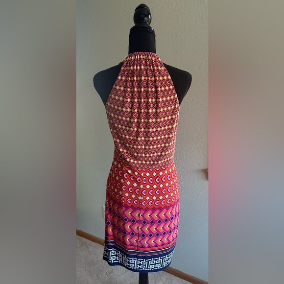 Laundry by Shelli Segal POP ORANGE MULTI CINCHED HALTER DRESS Size 6 - Picture 4 of 9